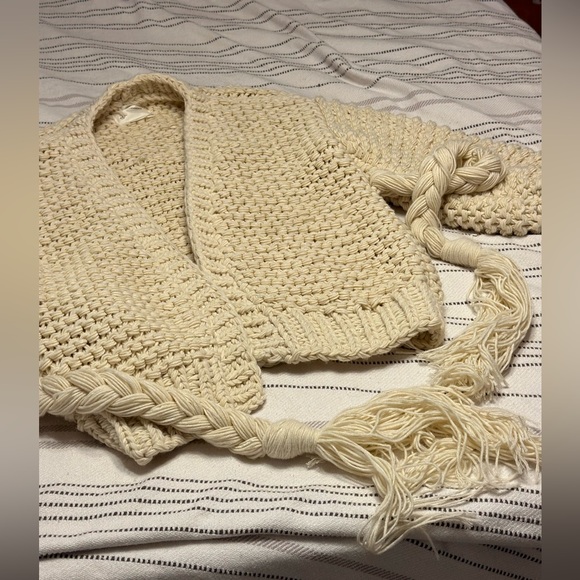 Anthropologie Chunky Knit Cardigan Coxy Natural ONE SIZE Ivory Belted - Picture 7 of 14